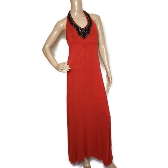 A.N.A A New Approach Red Beaded Halter Maxi Dress Size S sundress vacation beach - Picture 7 of 7